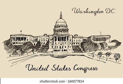 United States Capital Hill (Capitol dome) in Washington DC, hand drawn vector illustration, sketch, engraved style