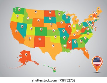 United States with States and Capital Initial Location Icon Map