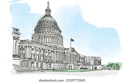 Edifício do Capitólio dos Estados Unidos com bandeira americana, Washington DC, EUA. - ilustração vetorial