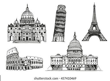 United States Capitol Building, Eiffel Tower, Tower of Pisa, Coliseum, St. Peter's Basilica, world landmark vector set