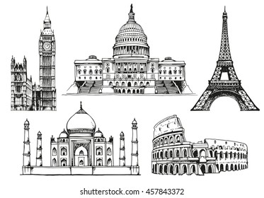 United States Capitol Building, Eiffel Tower, Big Ben (Elizabeth Tower), Eiffel Tower, Taj Mahal, Coliseum, world landmark vector set