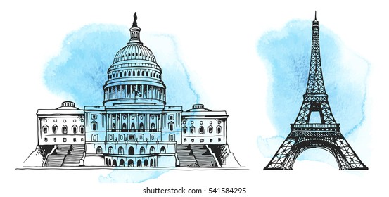 United States Capitol Building, Eiffel Tower, world landmark vector set on hand drawn watercolor background, isolated on white