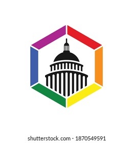 United States Capitol building icon in Washington DC. Hexagon shape LGBT rainbow pride flag symbol.