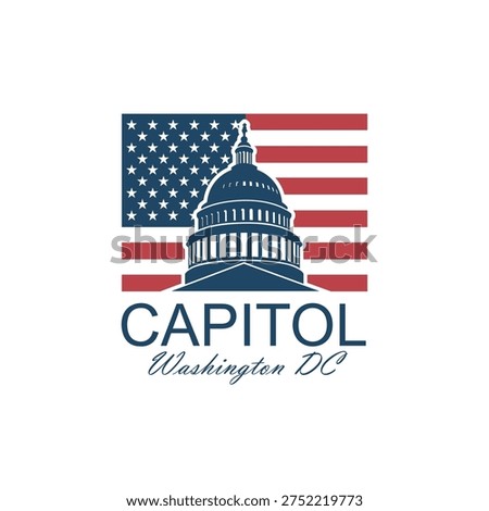 United States Capitol building icon in Washington DC and flag isolated on white background