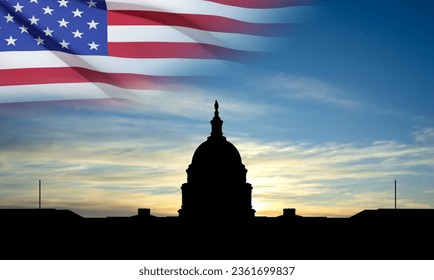 Capitolio de Estados Unidos construye silueta y banderas estadounidenses al atardecer. Vector EPS10