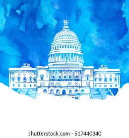 United States Capitol Building vector illustration on blue watercolor background