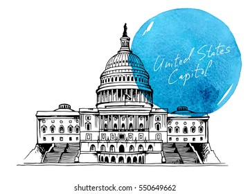 United States Capitol Building vector illustration isolated on white background with watercolor stain