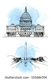 United States Capitol Building, Washington Monument, vector illustration. USA vector landmarks set with watercolor stain isolated on white background