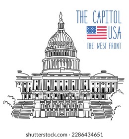 The United states Capitol Building, the West Front. Vector drawing. Illustration isolated on white background. Outline stroke is not expanded, stroke weight is editable