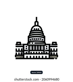 United States Capitol icon. Travel landmarks and destinations icons. Vector icon set representing global tourist landmarks and travel destinations for vacations.