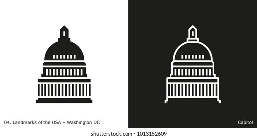 United States Capitol Icon - Washington DC. Famous American landmark icon in line and glyph style. 