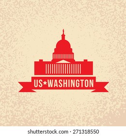 United States Capitol - The symbol of US, Washington DC. Vintage stamp with red ribbon