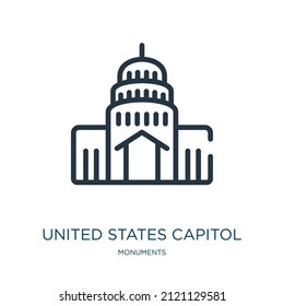 united states capitol thin line icon. capital, american linear icons from monuments concept isolated outline sign. Vector illustration symbol element for web design and apps.