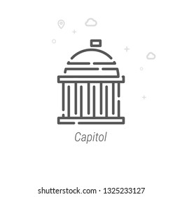 United States Capitol Vector Line Icon. Historical Landmarks Symbol, Pictogram, Sign. Light Abstract Geometric Background. Editable Stroke. Adjust Line Weight. Design with Pixel Perfection.