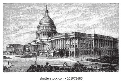 United States Capitol in Washington DC / vintage illustration from Brockhaus Konversations-Lexikon 1908