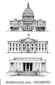 United States Capitol, White House, Lincoln Memorial in Washington DC, USA landmarks and tourist popular places, vector illustration isolated on white background