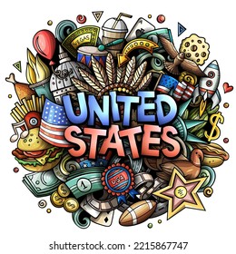 United States cartoon doodle illustration. Funny American design. Creative art vector background. Handwritten text with elements and objects. Colorful composition