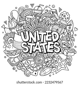 United States cartoon doodle illustration. Funny American design. Creative art vector background. Handwritten text with elements and objects. Sketchy composition