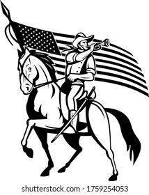 United States Cavalry on Horse Blowing Bugle With USA Flag Retro Black and White