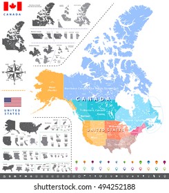 United States census bureau regions ans divisions map; Canadian regions, provinces and territories map. Flags and location\navigation icons. All layers detachable and labeled. Vector