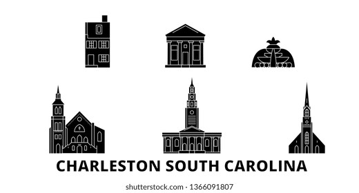 United States, Charleston South Carolina flat travel skyline set. United States, Charleston South Carolina black city vector panorama, illustration, travel sights, landmarks, streets.