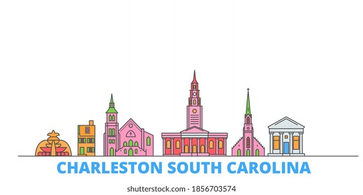 United States, Charleston South Carolina line cityscape, flat vector. Travel city landmark, oultine illustration, line world icons