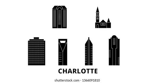 United States, Charlotte flat travel skyline set. United States, Charlotte black city vector panorama, illustration, travel sights, landmarks, streets.