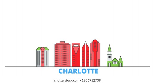 United States, Charlotte line cityscape, flat vector. Travel city landmark, oultine illustration, line world icons