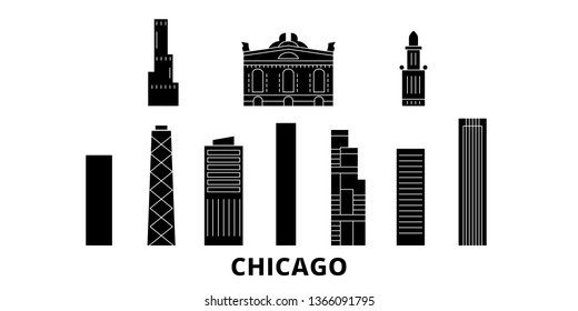 United States, Chicago City flat travel skyline set. United States, Chicago City black city vector panorama, illustration, travel sights, landmarks, streets.