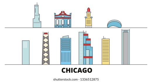 United States, Chicago flat landmarks vector illustration. United States, Chicago line city with famous travel sights, skyline, design. 