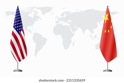 United States and China flags for official meeting against background of world map.