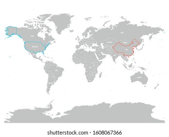 United States and China highlighted on political map of World. Vector illustration.