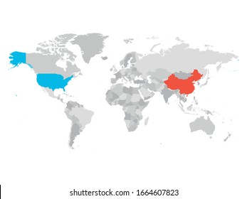 United States and China highlighted on political map of World. Vector illustration.