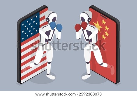 United States and China technology war concept. Mobile phone with US and China flag. Two robots in a boxing match. Vector flat isometric Illustration.