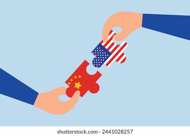 United States and China trade war negotiation, businessman, manager holding a porcelain puzzle and an American flag to put it together.