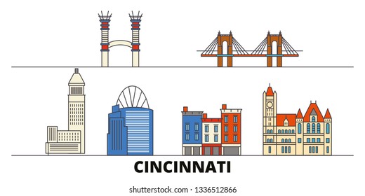 United States, Cincinnati flat landmarks vector illustration. United States, Cincinnati line city with famous travel sights, skyline, design. 