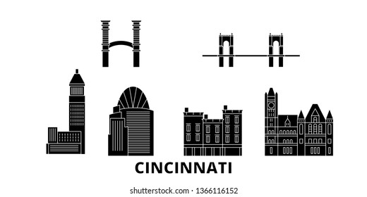 United States, Cincinnati flat travel skyline set. United States, Cincinnati black city vector illustration, symbol, travel sights, landmarks.