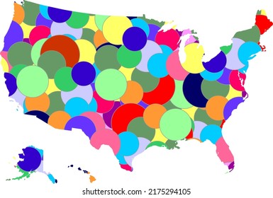 United States circles pop map. Concept for design,fashion, modernism. Circles of different sizes, and randomly scattered. In color material design.