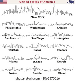 Vektorgrafik-Symbole von US-Städten folgen Skylines im Kunststil