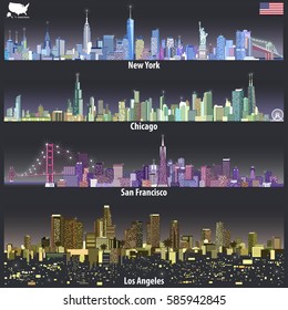 United States cities skylines in different colorful palettes with bright city lights vector set. Flag and map of United States