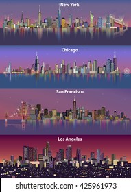 United States cities skylines at night vector illustrations