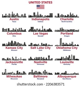 Ciudades de Estados Unidos esquilatización siluetas ilustraciones vectoriales conjunto