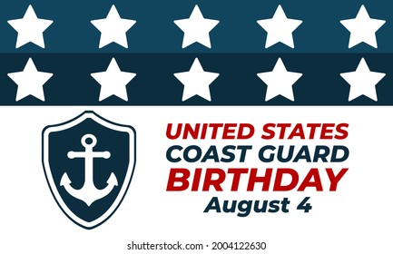 United States Coast Guard birthday. August 4. U.S. Coast Guard Day. Design with american flag and patriotic stars. Poster, card, banner, background design. EPS 10.