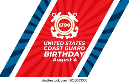 United States Coast Guard birthday. August 4. U.S. Coast Guard Day. Design with american flag and patriotic stars. Poster, card, banner, background design. EPS 10.