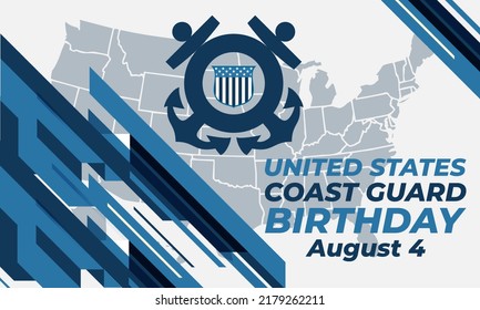 United States Coast Guard birthday. August 4. U.S. Coast Guard Day. Design with american flag and patriotic stars. Poster, card, banner, background design. EPS 10.