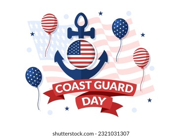 United States Coast Guard Day Vector Illustration on August 4 with American Flag and Ship Background in Flat Cartoon Hand Drawn Templates
