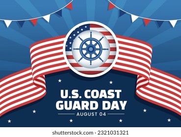 United States Coast Guard Day Vector Illustration on August 4 with American Flag and Ship Background in Flat Cartoon Hand Drawn Templates
