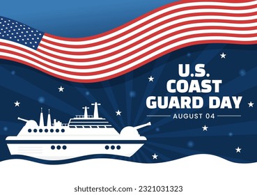 United States Coast Guard Day Vector Illustration on August 4 with American Flag and Ship Background in Flat Cartoon Hand Drawn Templates