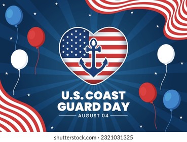 United States Coast Guard Day Vector Illustration on August 4 with American Flag and Ship Background in Flat Cartoon Hand Drawn Templates