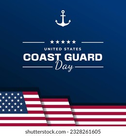 United States Coast Guard Day Wallpaper Social Media Post Design with Dark Blue Background, America flag and Anchor. Suitable to place on content with that theme. Vector file every object is separated